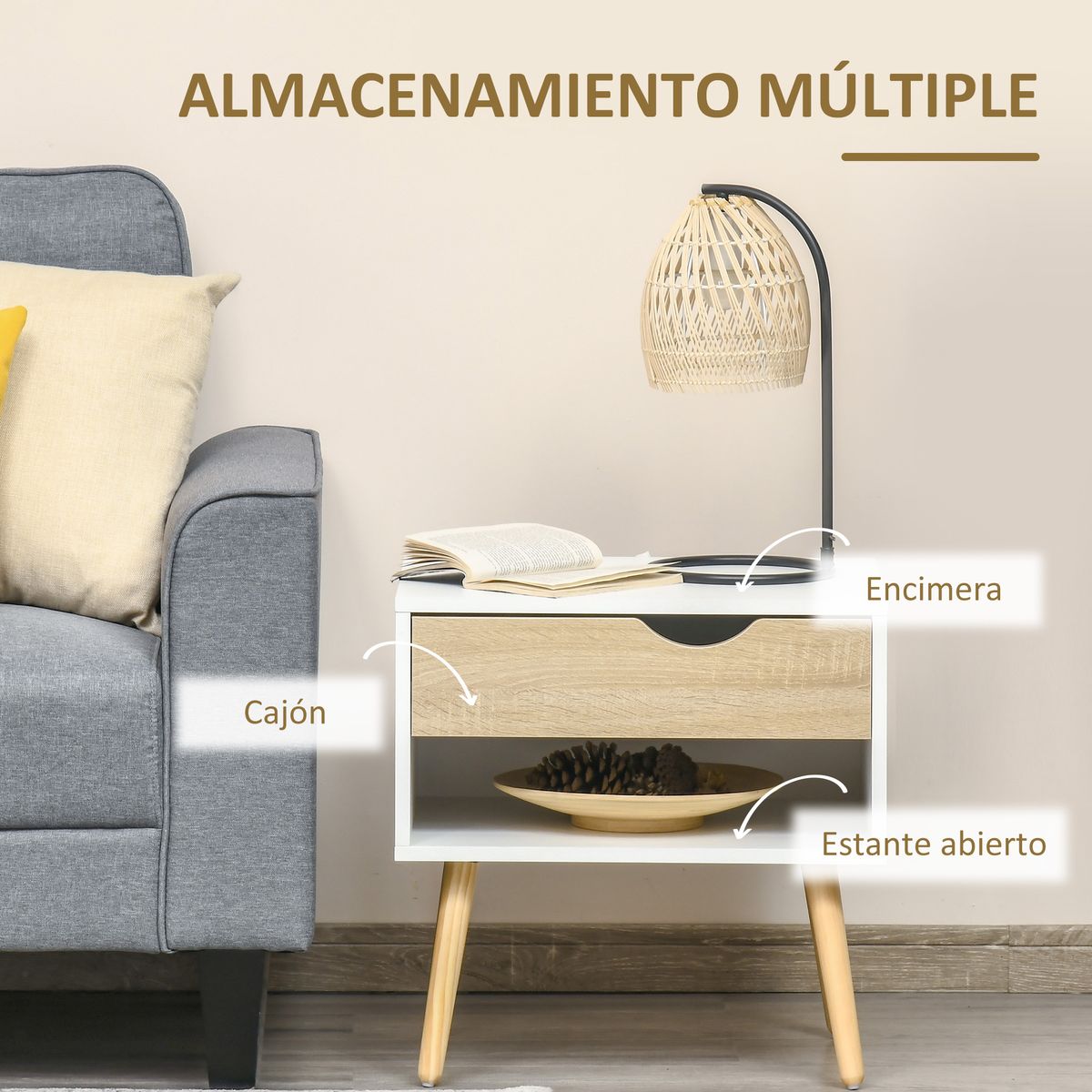 Pack de 2 mesitas de noche Nordic Homcom 1 cajón + 1 estante blanco/natural 51x50x39 cm