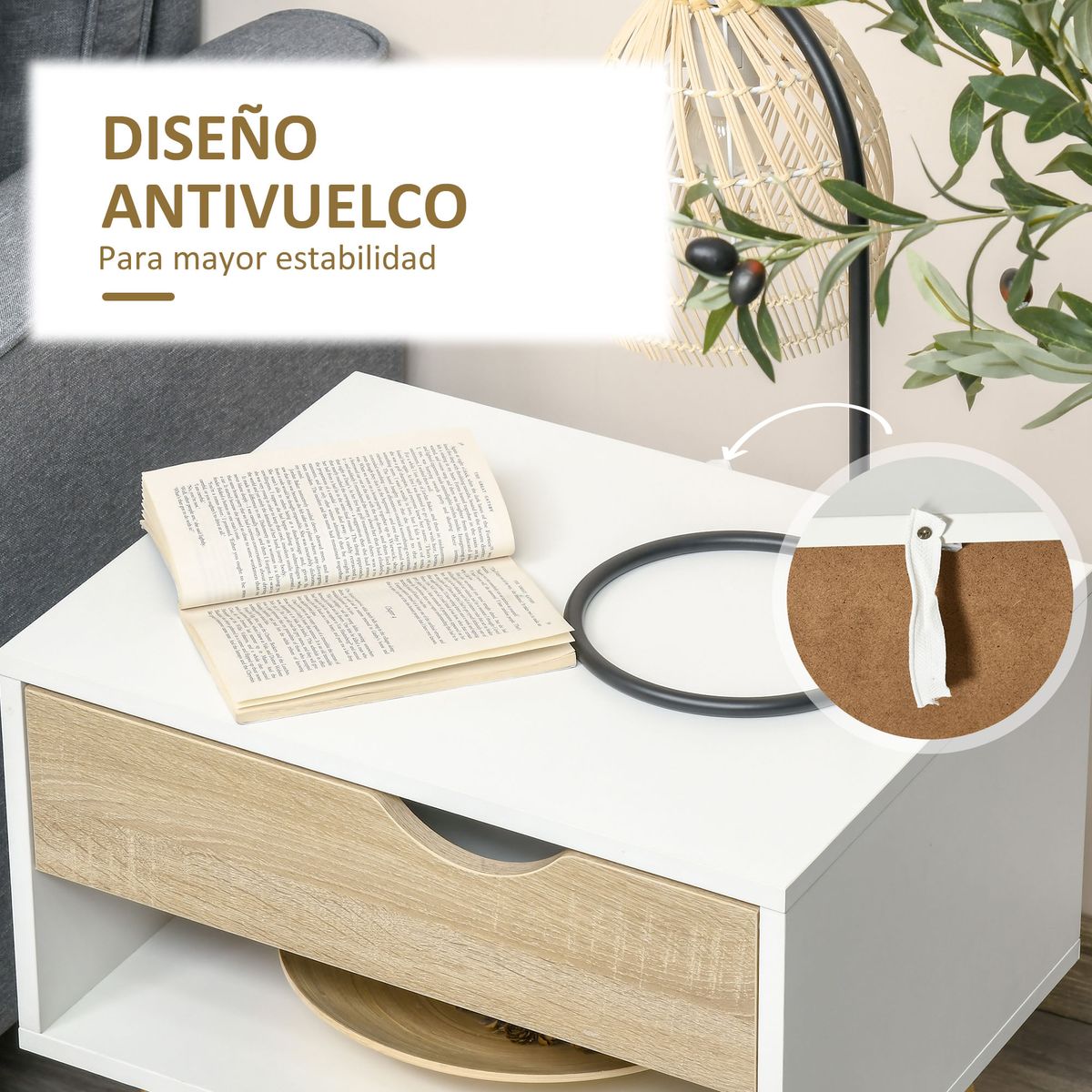 Pack de 2 mesitas de noche Nordic Homcom 1 cajón + 1 estante blanco/natural 51x50x39 cm