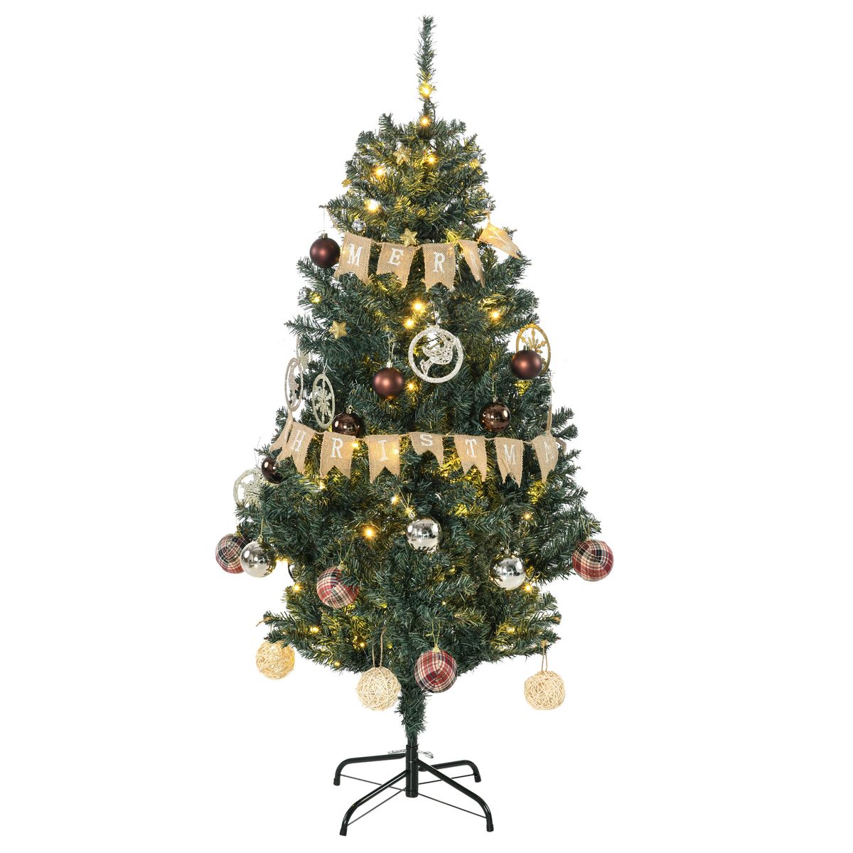 Árbol de Navidad Homcom 472 ramas 100 LEDs con 80 decoraciones verde Ø91x150 cm fondo blanco