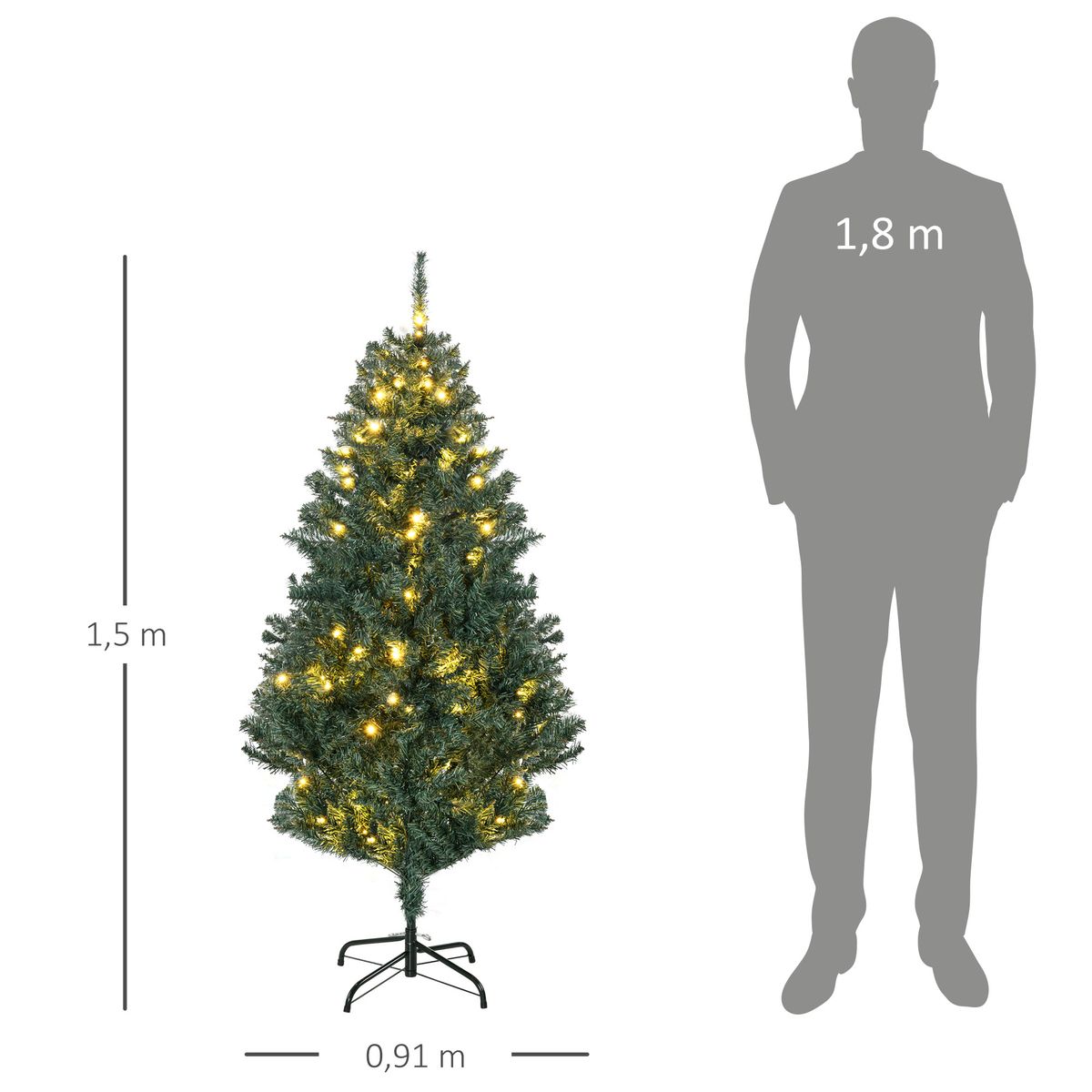 Árbol de Navidad Homcom 472 ramas 100 LEDs con 80 decoraciones verde Ø91x150 cm medidas