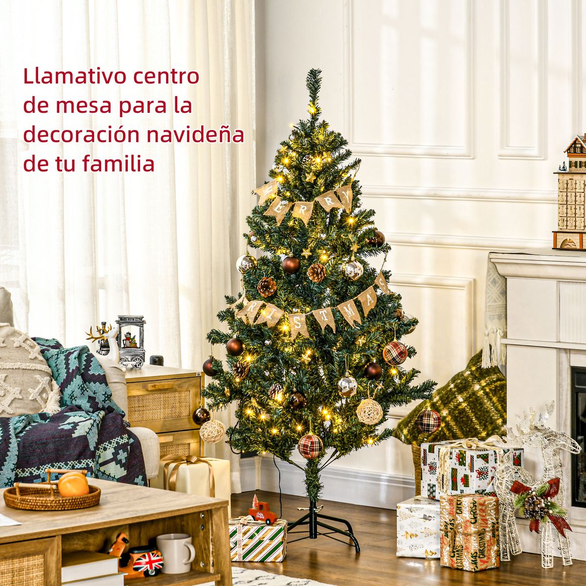 Árbol de Navidad Homcom 472 ramas 100 LEDs con 80 decoraciones verde Ø91x150 cm