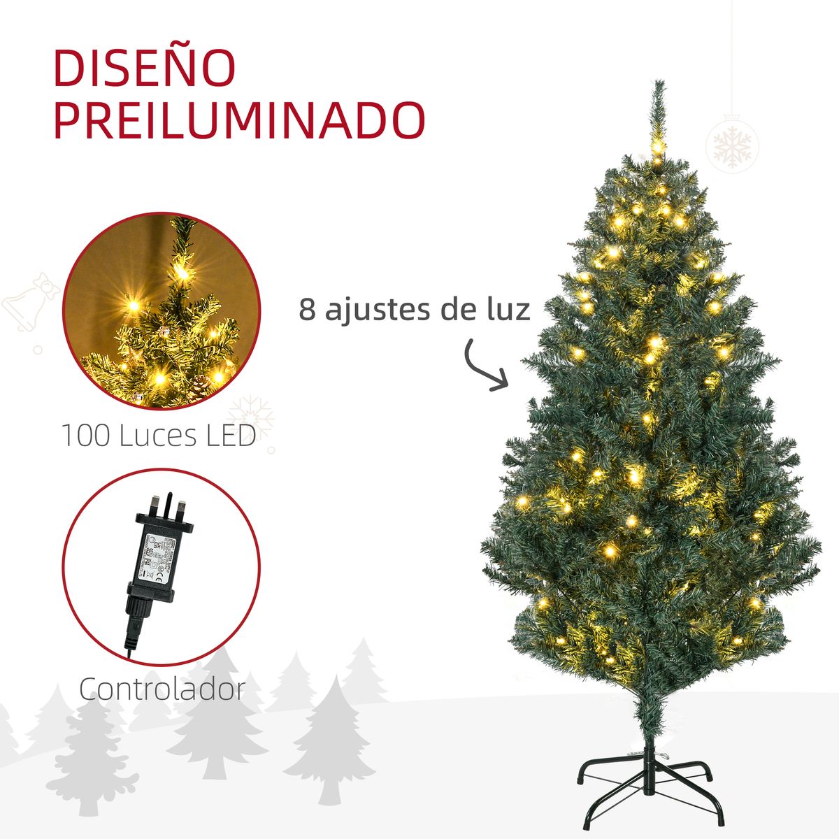 Árbol de Navidad Homcom 472 ramas 100 LEDs con 80 decoraciones verde Ø91x150 cm