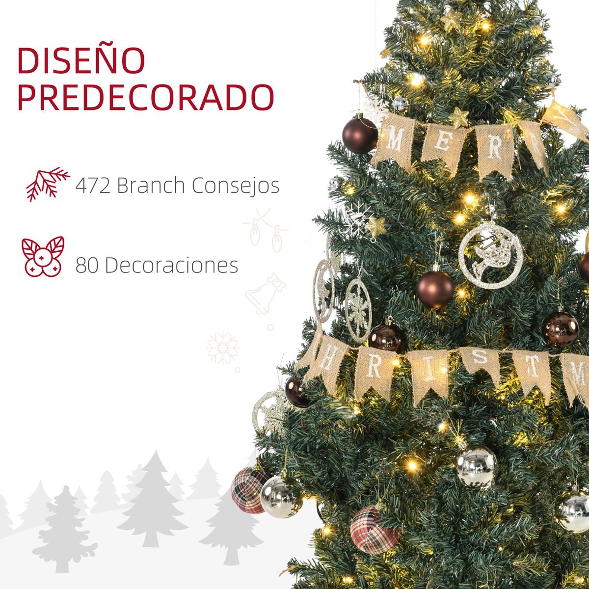 Árbol de Navidad Homcom 472 ramas 100 LEDs con 80 decoraciones verde Ø91x150 cm
