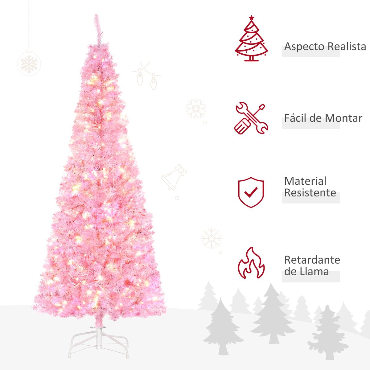 Árbol de Navidad Homcom 618 ramas 300 luces LEDs rosa Ø63x180 cm