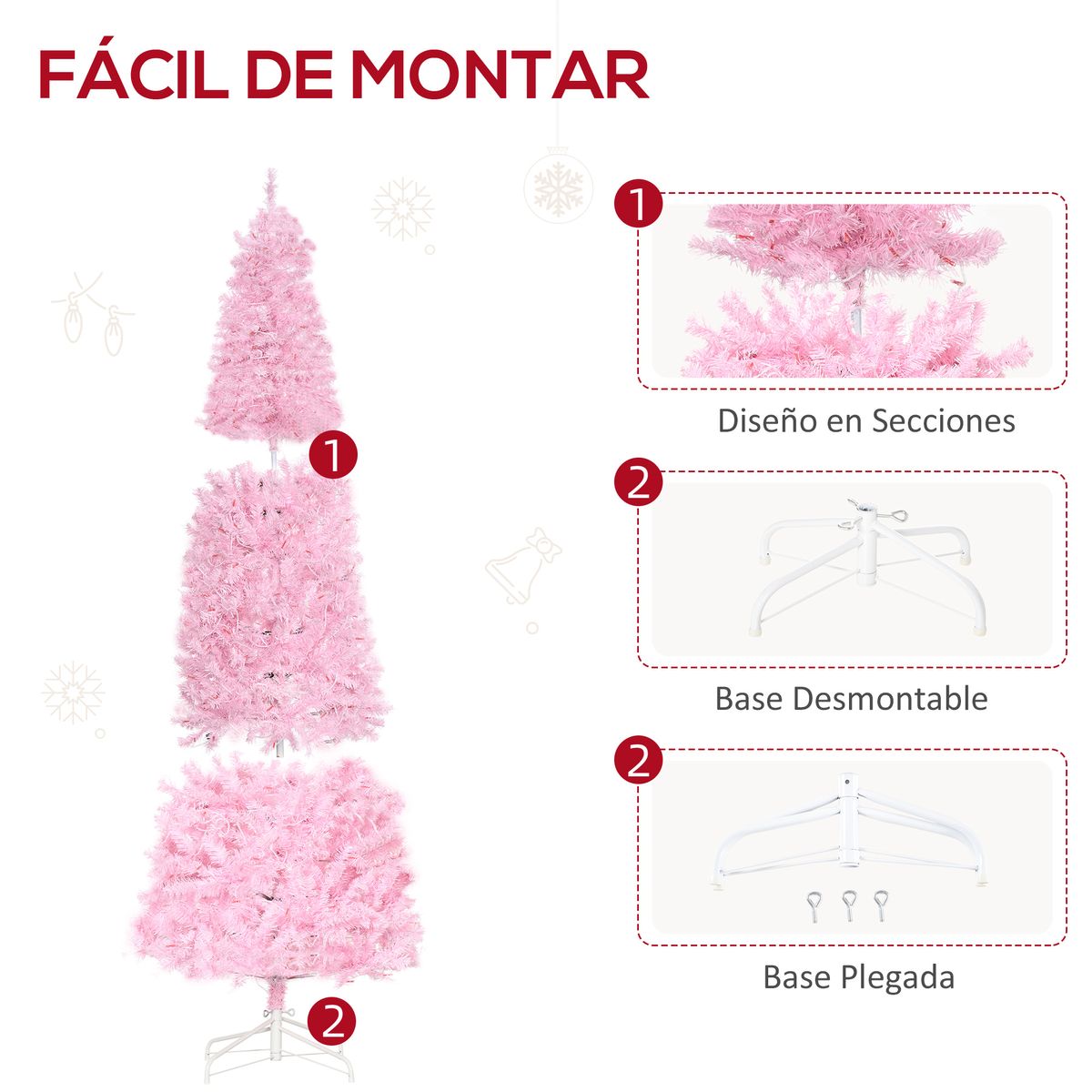 Árbol de Navidad Homcom 618 ramas 300 luces LEDs rosa Ø63x180 cm