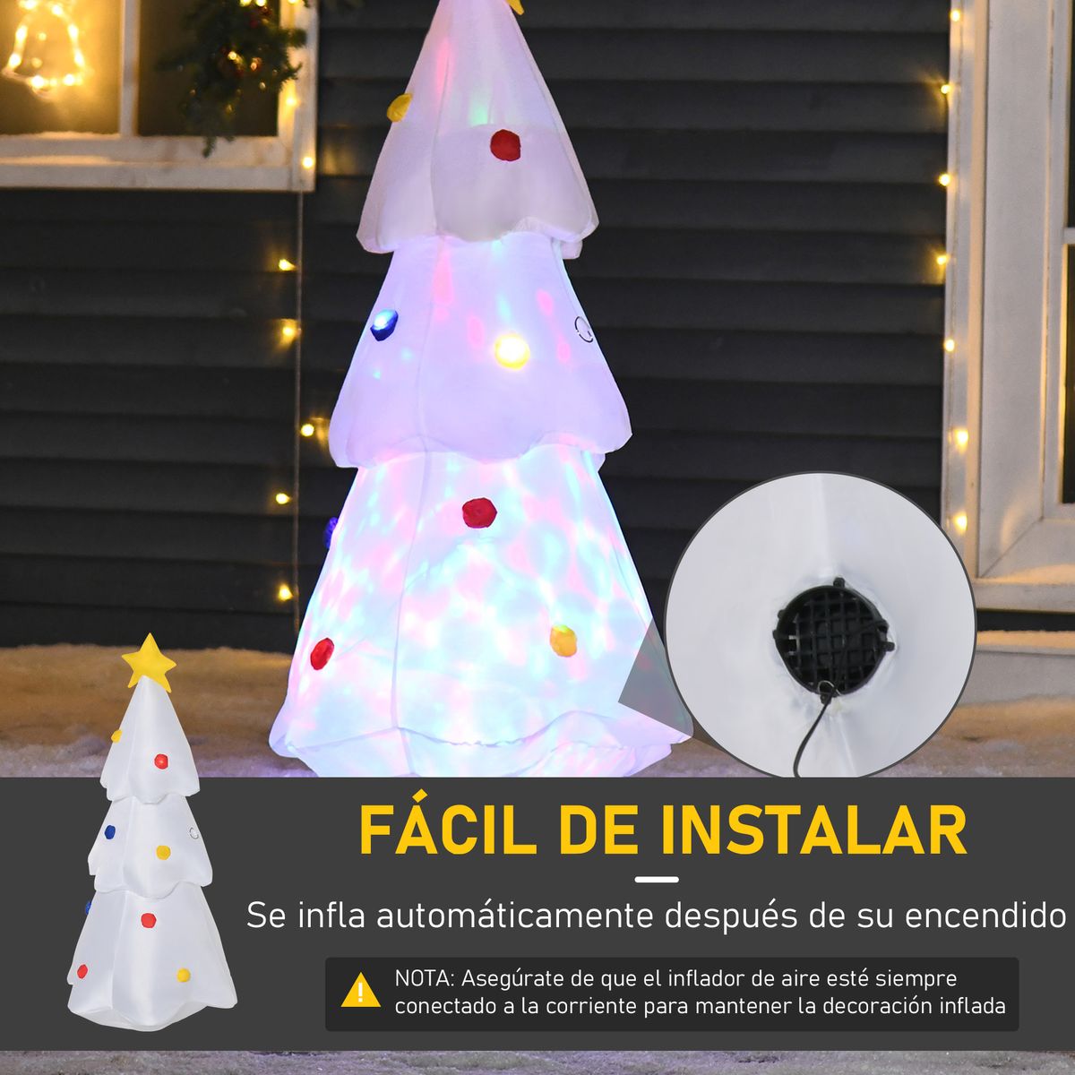 Árbol de Navidad inflable Homcom 9 LEDs 3 colores blanco 122x60x51 cm