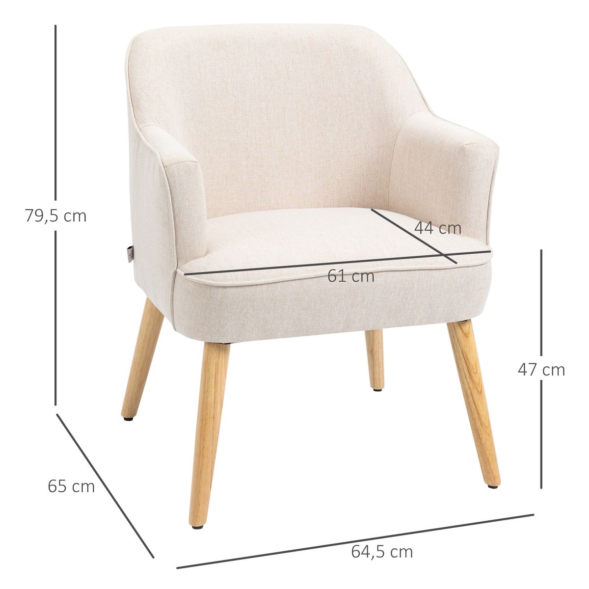 Sillón Varela tapizado lino patas madera crema 79,5x64,5x65 cm