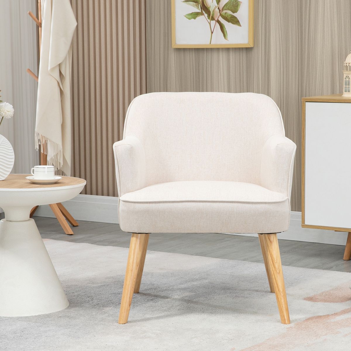 Sillón Varela tapizado lino patas madera crema 79,5x64,5x65 cm