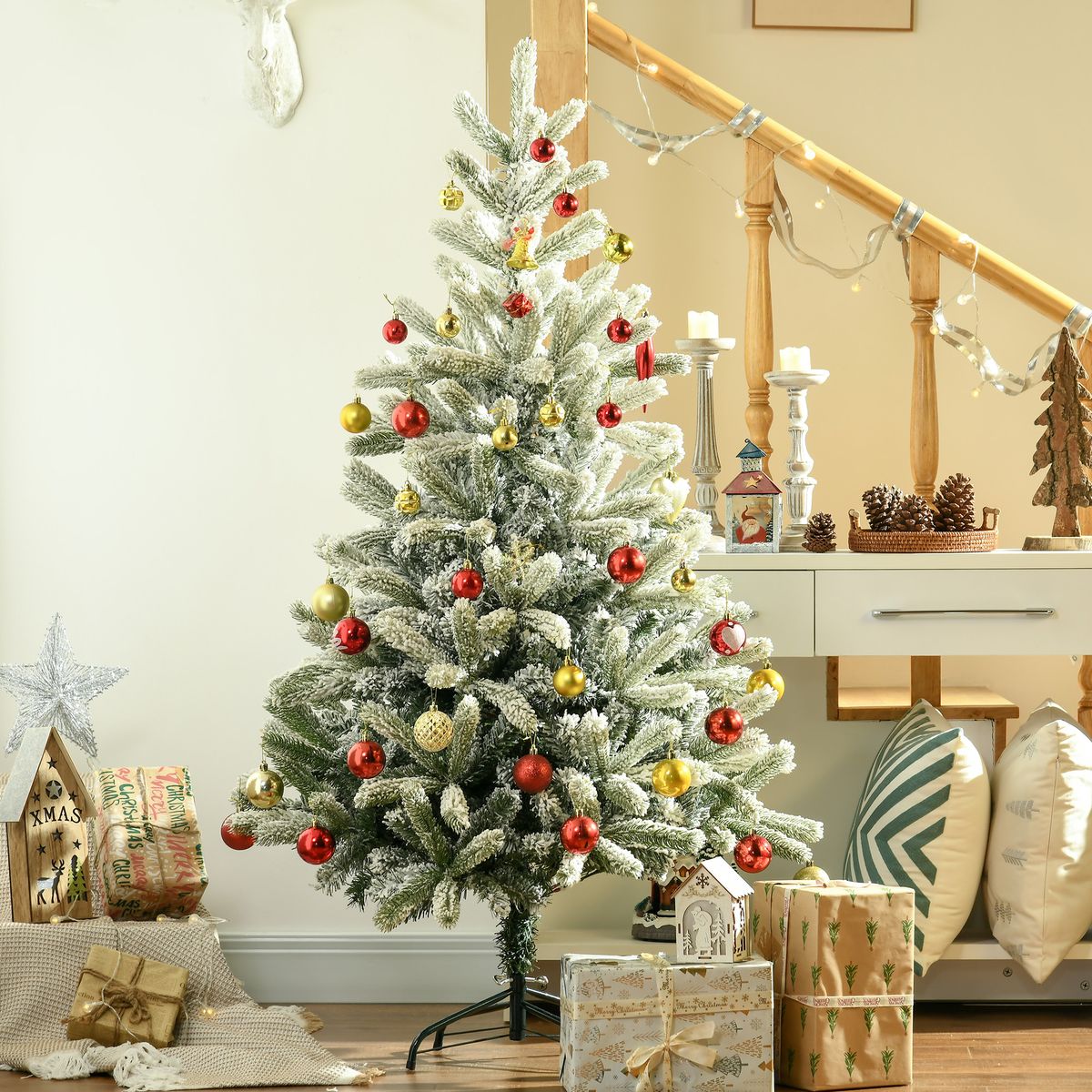 Árbol de Navidad nevado Homcom 521 ramas base plegable verde/blanco Ø90x150 cm