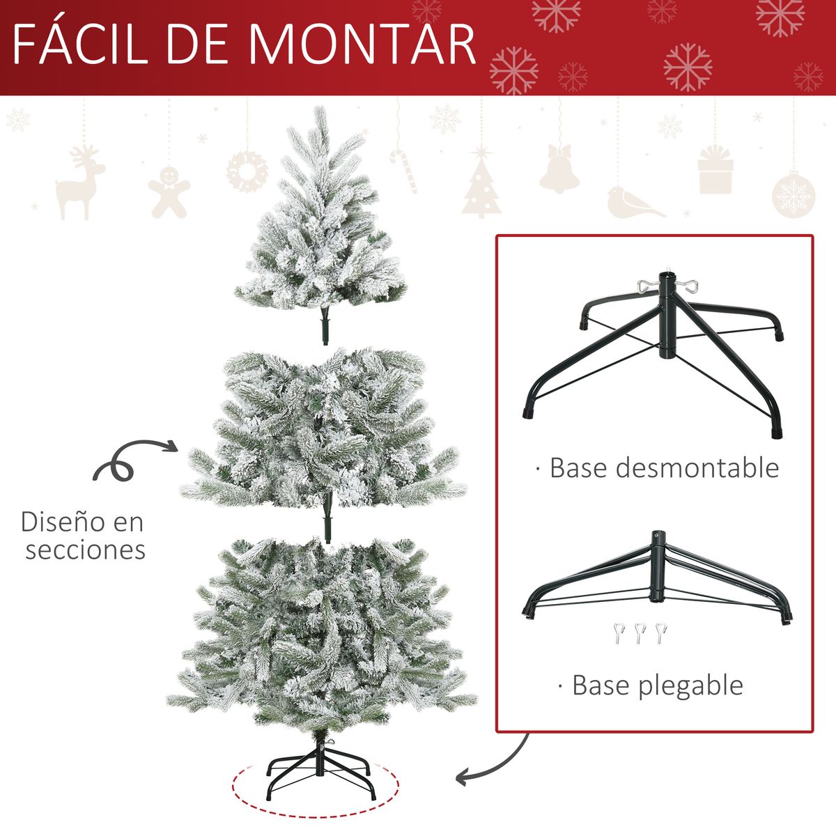 Árbol de Navidad nevado Homcom 521 ramas base plegable verde/blanco Ø90x150 cm