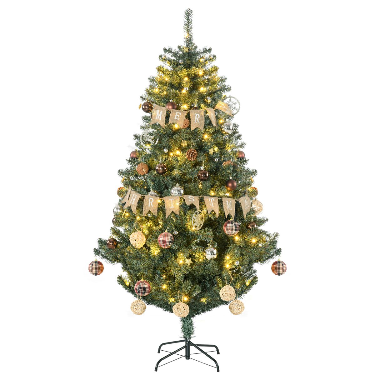 Árbol de Navidad Homcom 650 ramas 150 LEDs con 100 decoraciones verde Ø106x180 cm fondo blanco