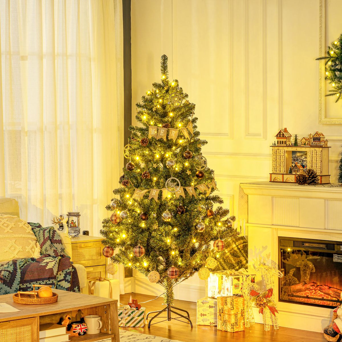 Árbol de Navidad Homcom 650 ramas 150 LEDs con 100 decoraciones verde Ø106x180 cm animada