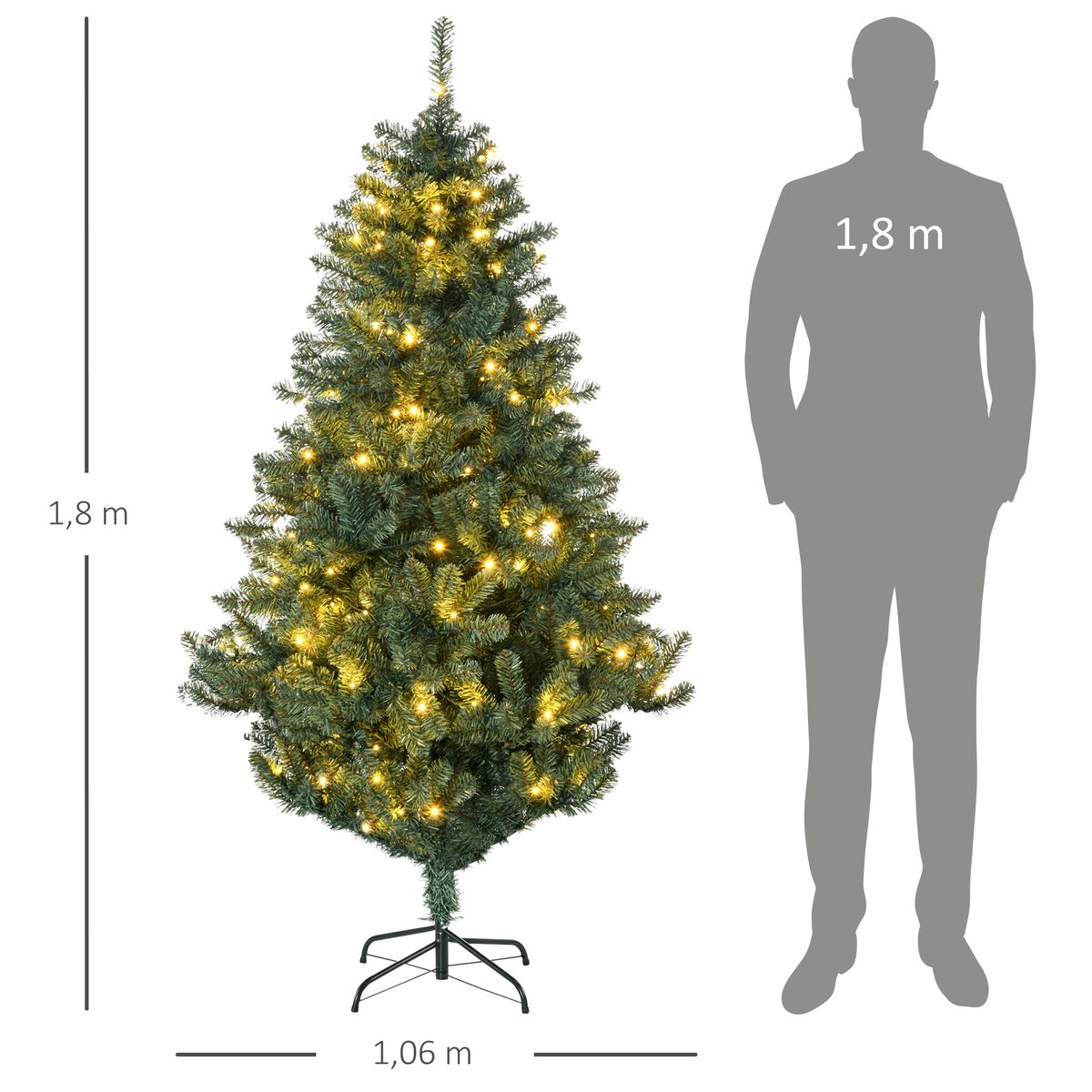 Árbol de Navidad Homcom 650 ramas 150 LEDs con 100 decoraciones verde Ø106x180 cm medidas