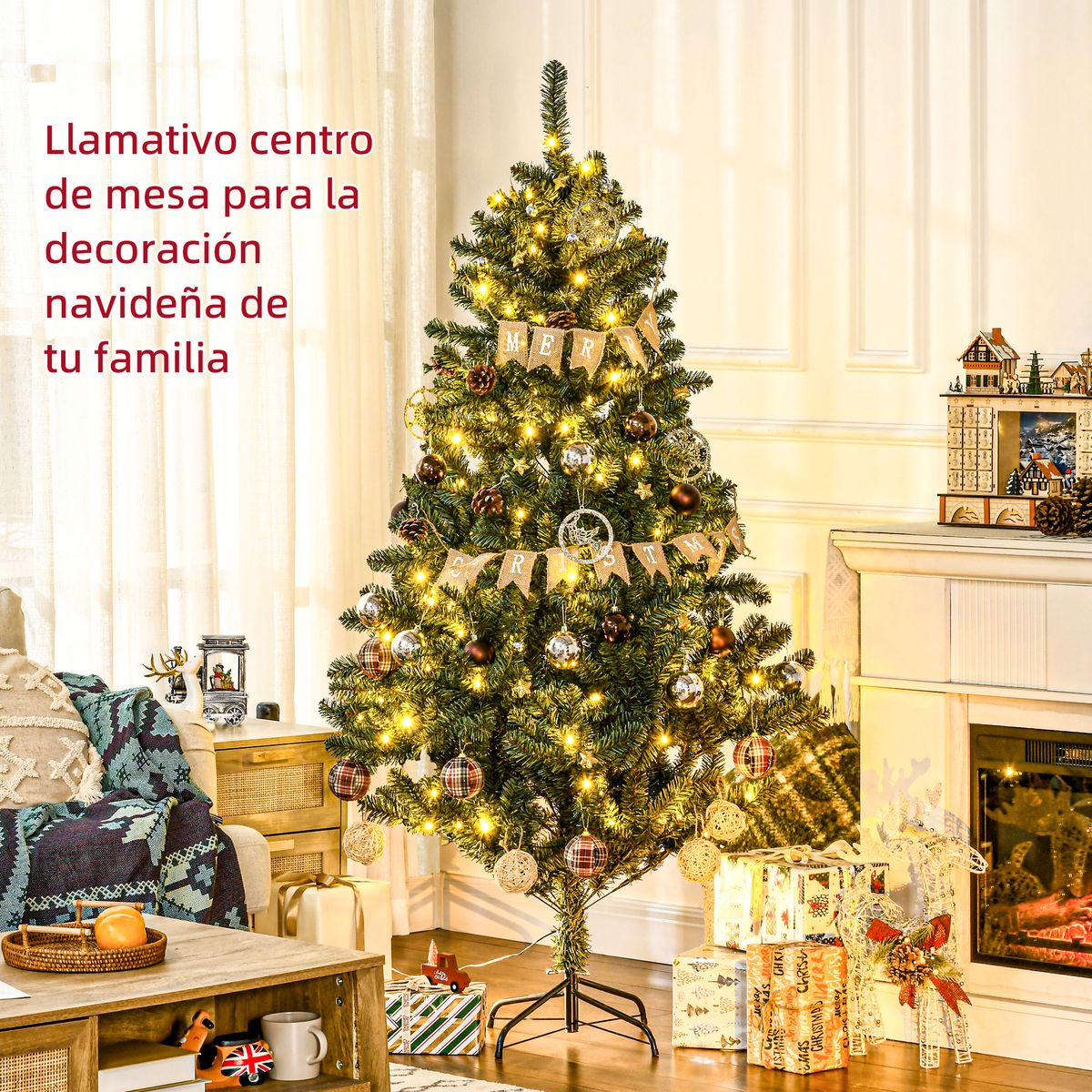 Árbol de Navidad Homcom 650 ramas 150 LEDs con 100 decoraciones verde Ø106x180 cm detalles