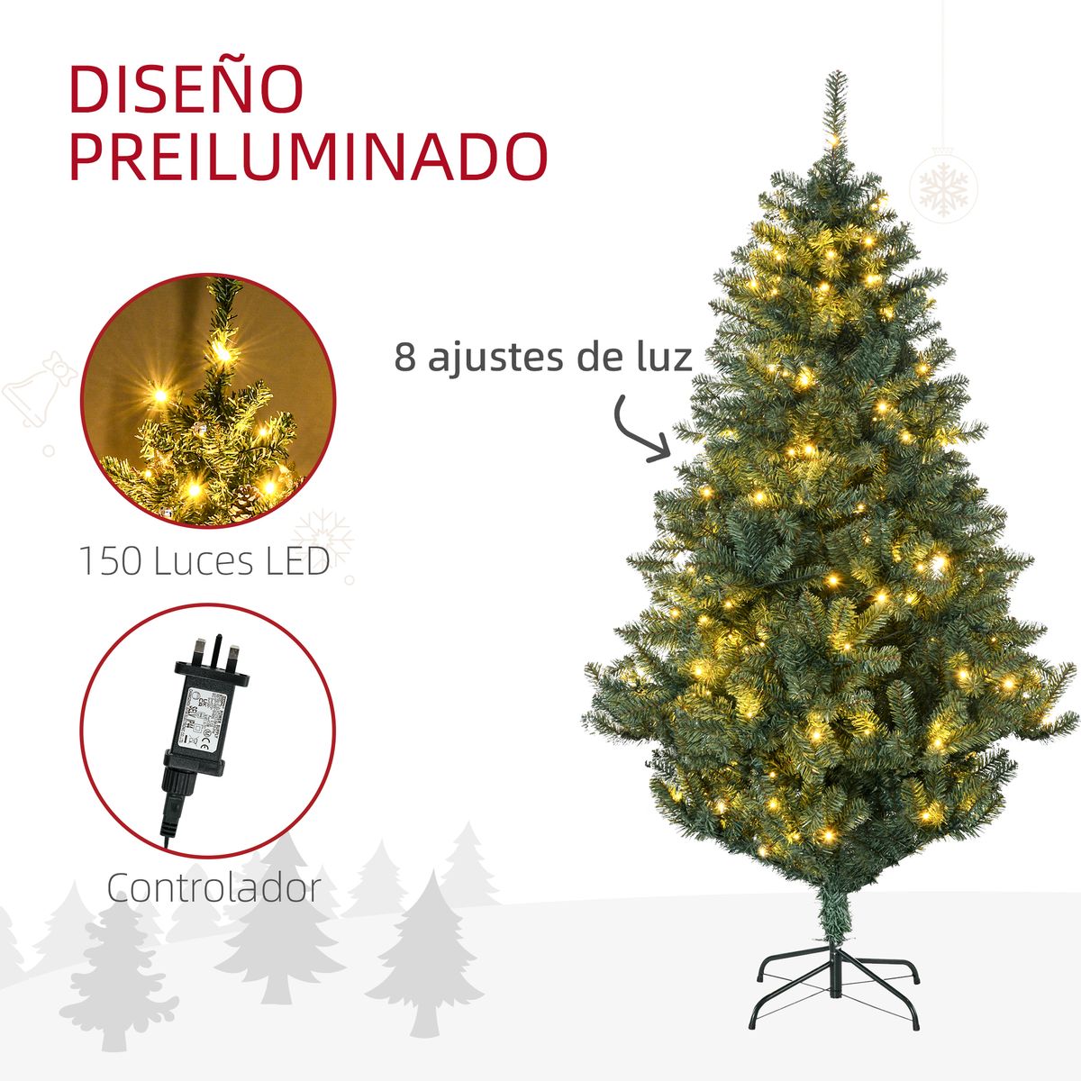 Árbol de Navidad Homcom 650 ramas 150 LEDs con 100 decoraciones verde Ø106x180 cm