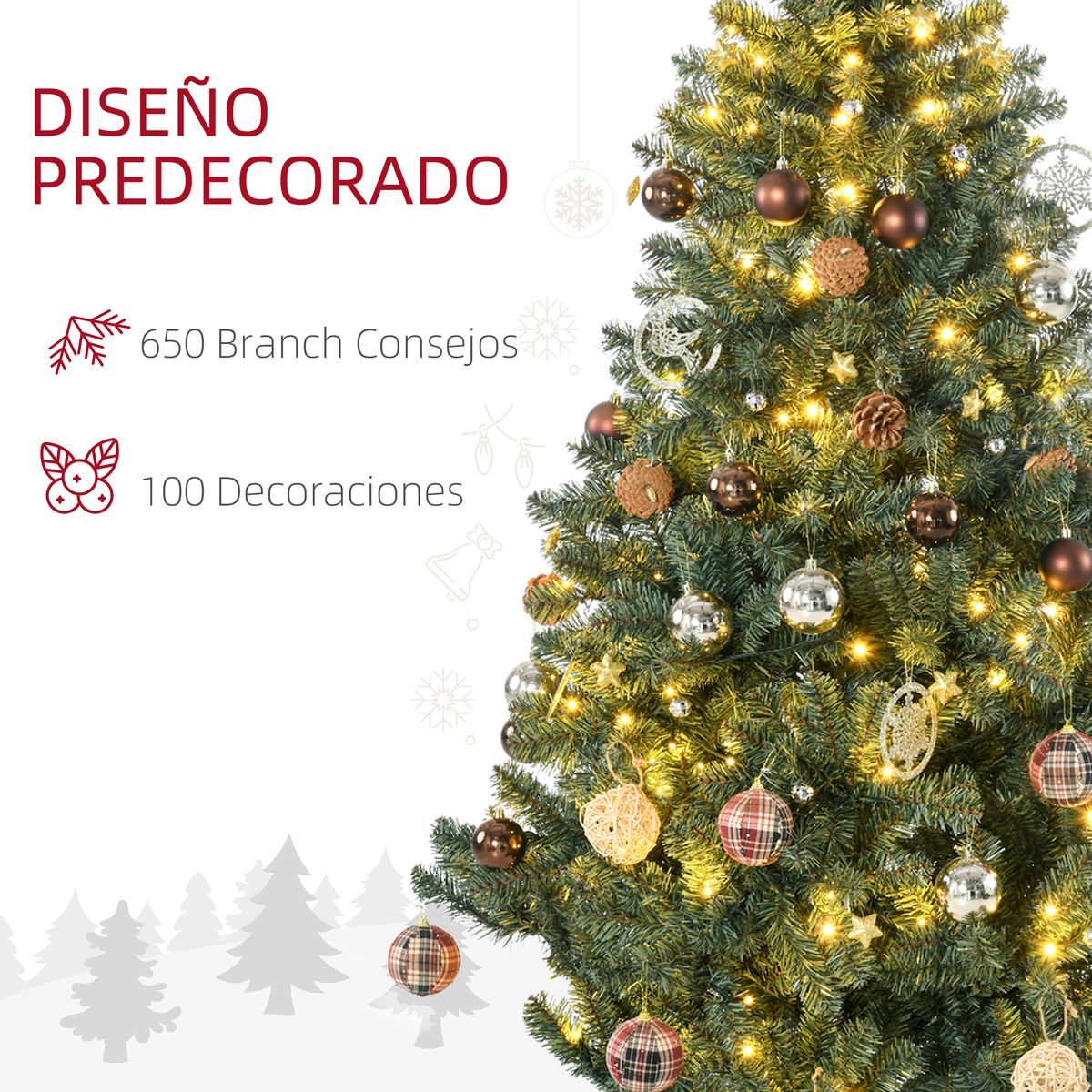 Árbol de Navidad Homcom 650 ramas 150 LEDs con 100 decoraciones verde Ø106x180 cm luces