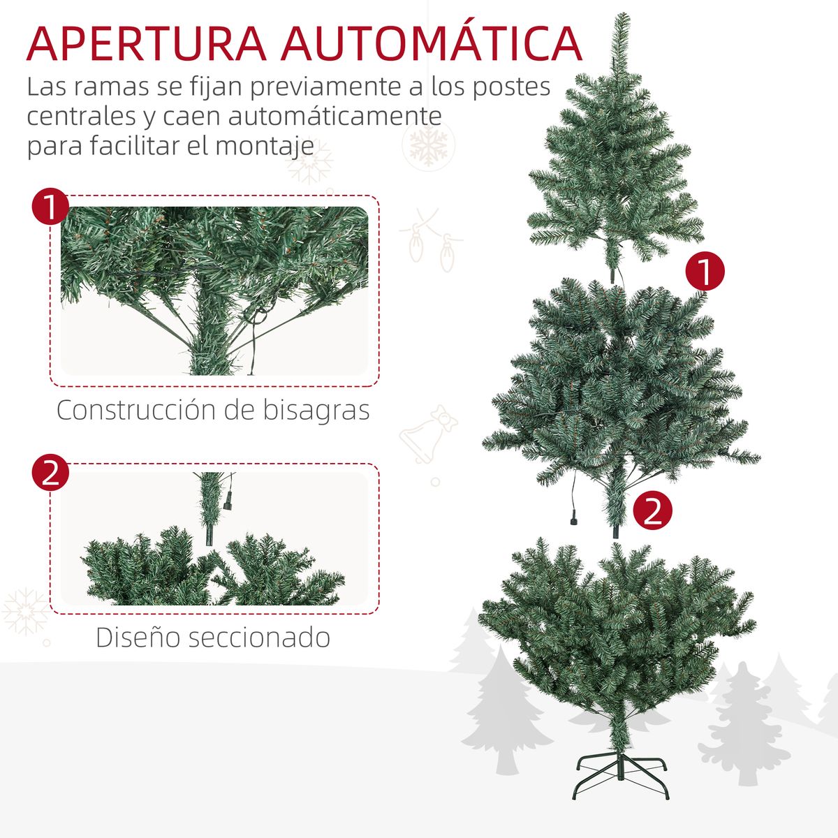 Árbol de Navidad Homcom 650 ramas 150 LEDs con 100 decoraciones verde Ø106x180 cm secciones