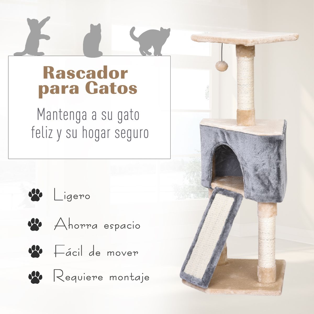 Árbol rascador de gatos con cueva PawHut gris/beige 98x40x40 cm