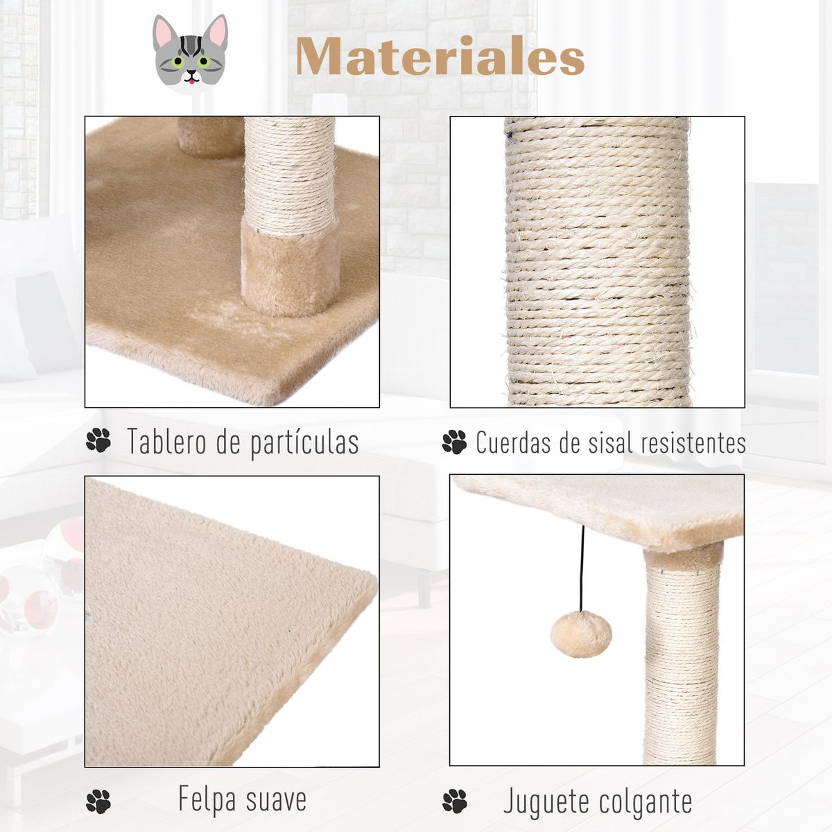 Árbol rascador de gatos con cueva PawHut gris/beige 98x40x40 cm