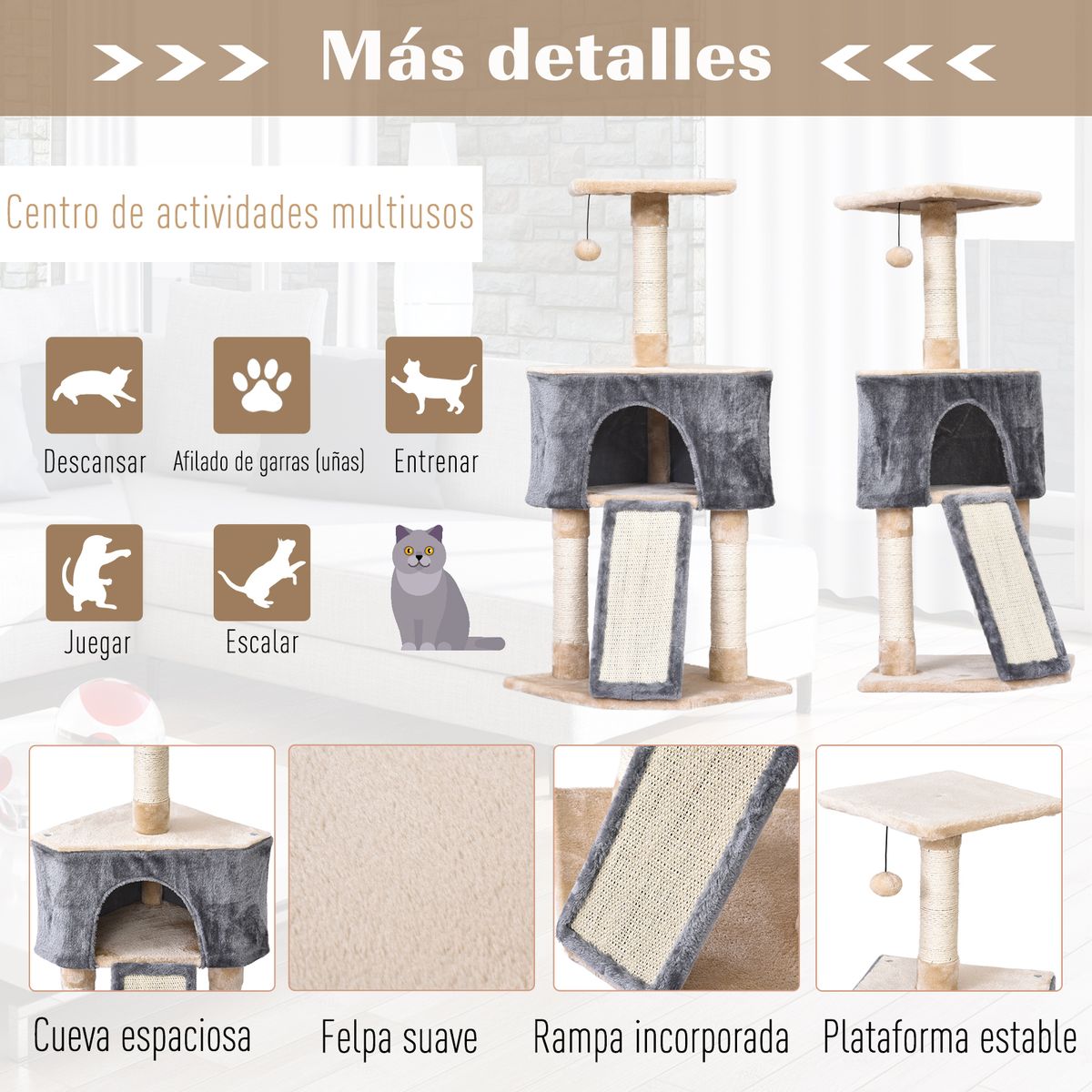 Árbol rascador de gatos con cueva PawHut gris/beige 98x40x40 cm