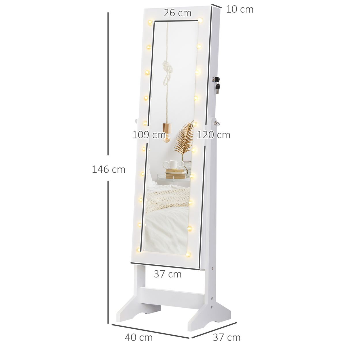 Espejo joyero Wendy Homcom 20 luces LEDs reclinable blanco 146x40x37 cm medidas