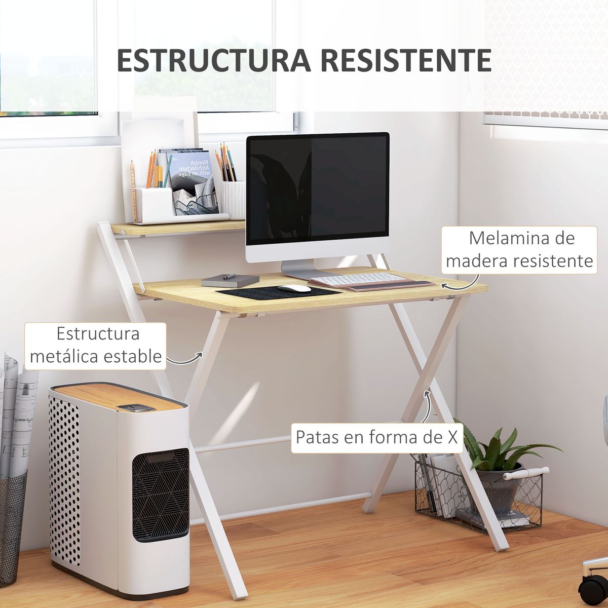 Escritorio Botel Homcom pregable con estante blanco/natural 84x81,5x70 cm