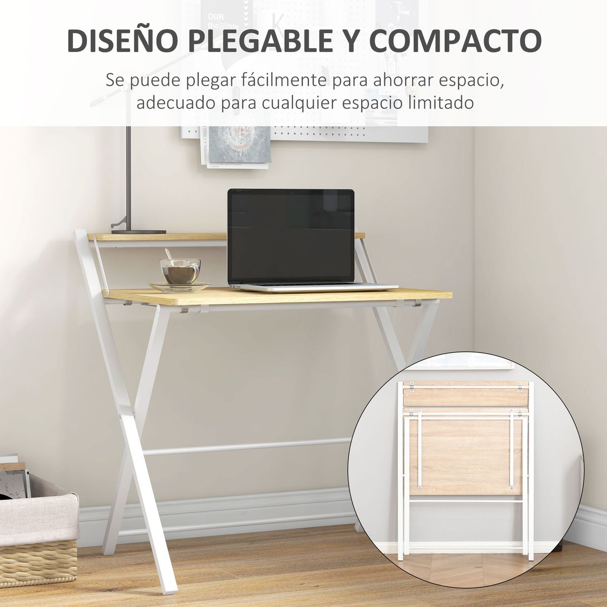 Escritorio Botel Homcom pregable con estante blanco/natural 84x81,5x70 cm