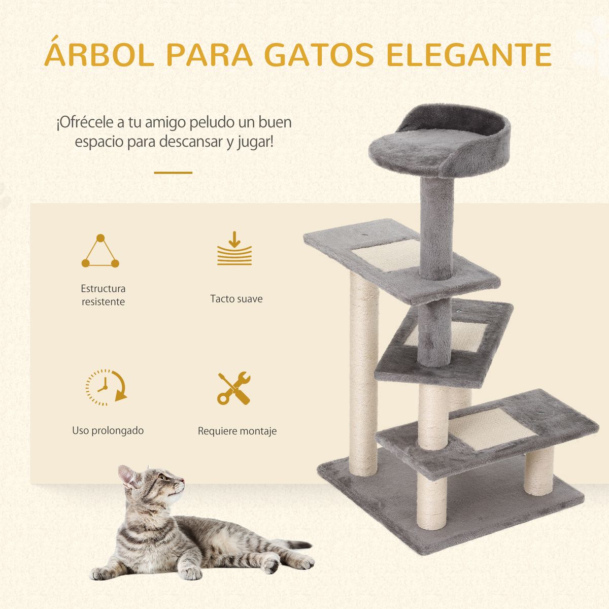 Árbol rascador de gatos PawHut 3 plataformas gris/beige 100x48,5x48,5 cm