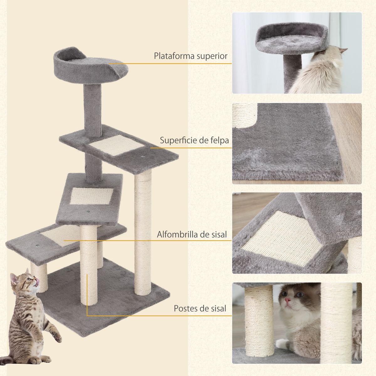 Árbol rascador de gatos PawHut 3 plataformas gris/beige 100x48,5x48,5 cm