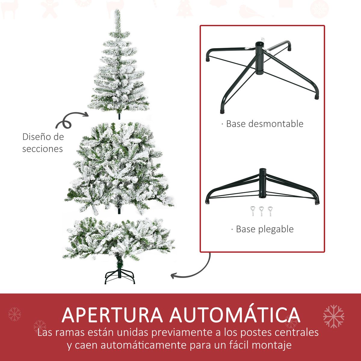 Árbol de Navidad Homcom 750 ramas efecto nieve blanco/verde Ø105x180 cm
