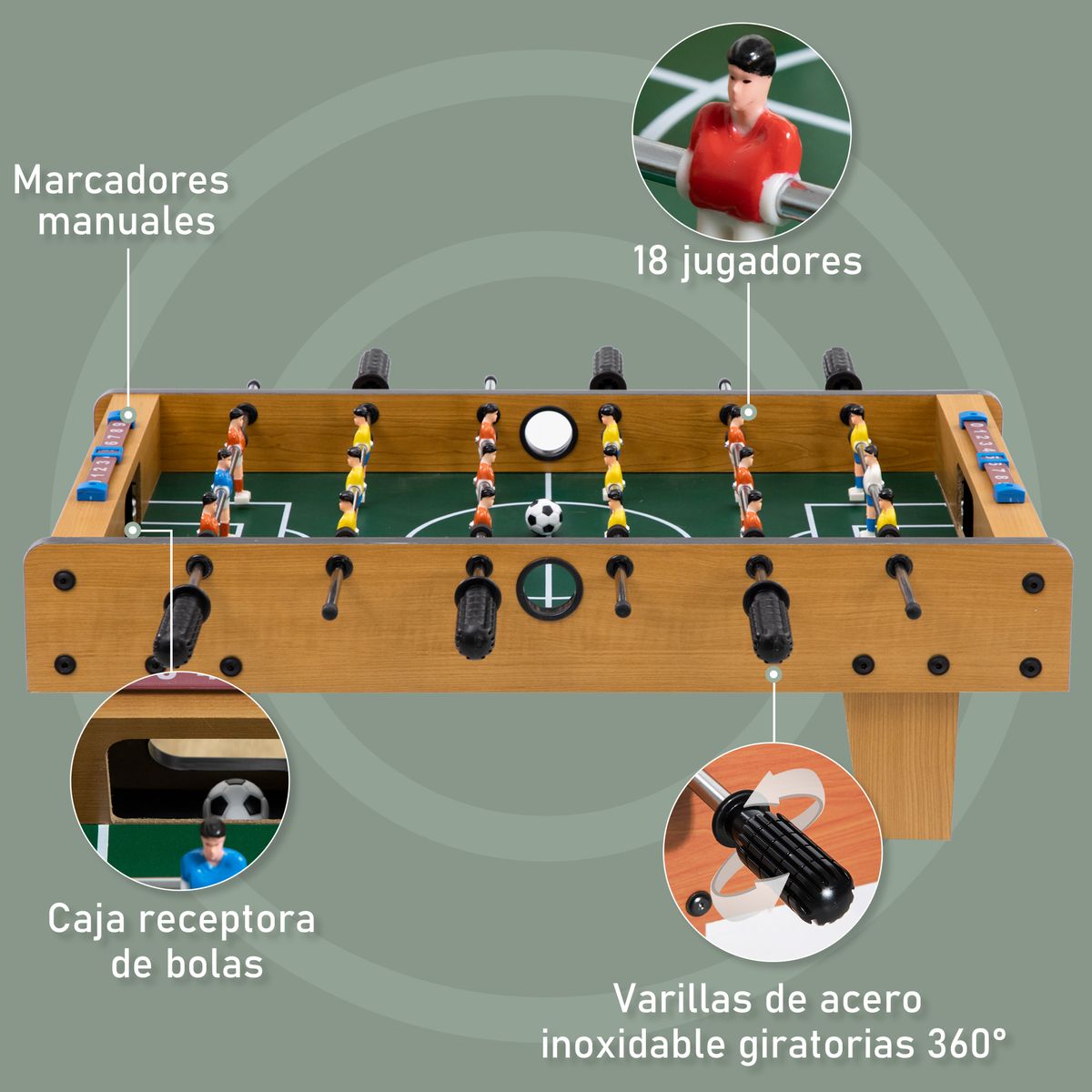 Futbolín de mesa Homcom 6 varillas + 2 marcadores + 18 jugadores natural 22x69x36,5 cm