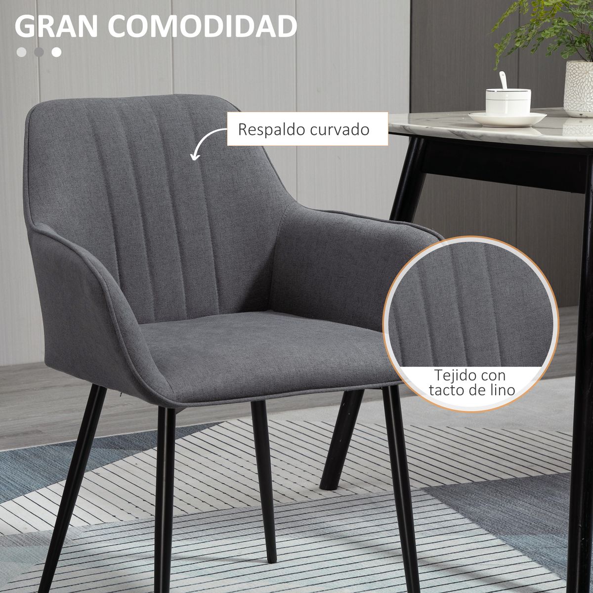 Pack de 2 sillas de comedor Uchiko tapizado lino gris 81x59,5x56,5 cm