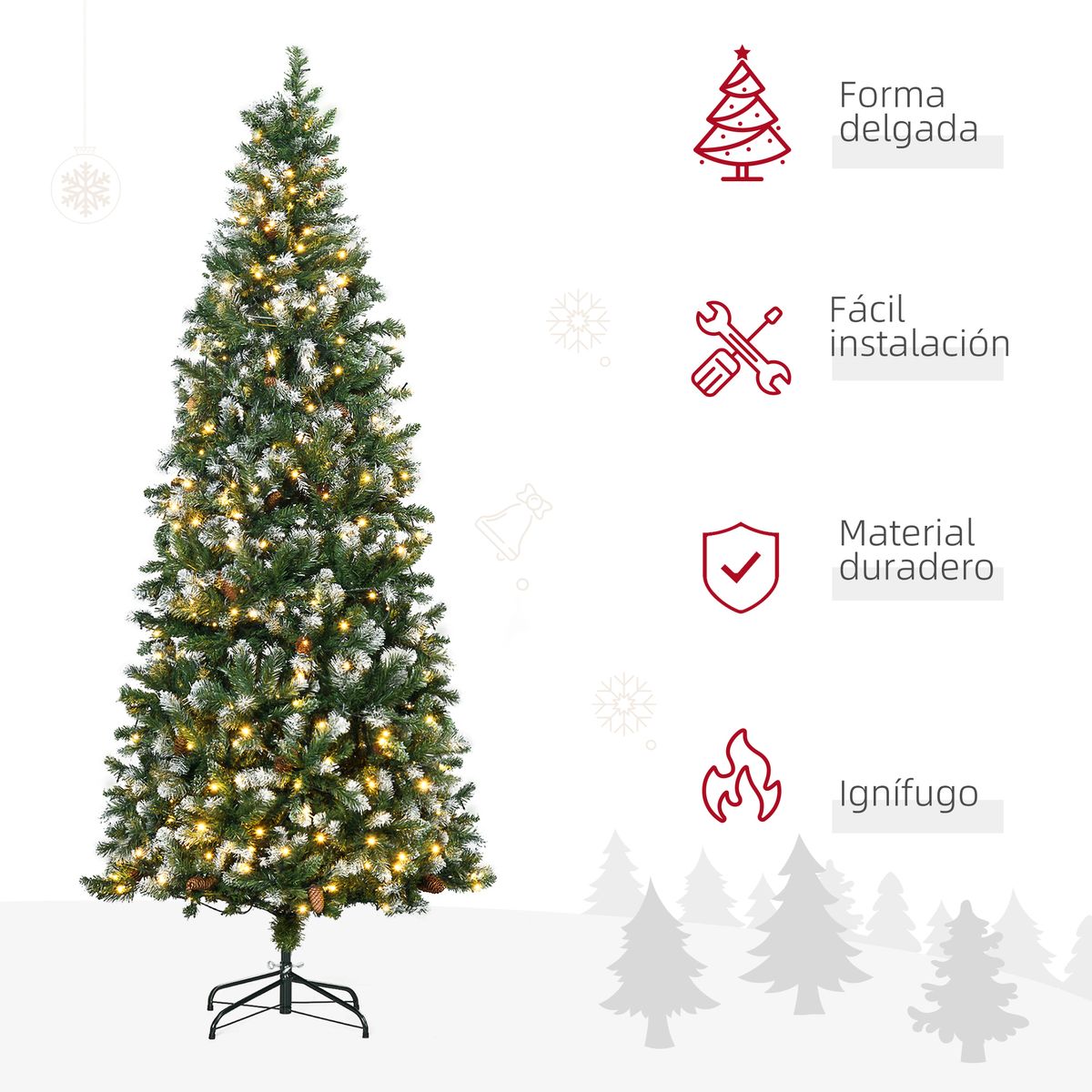 Árbol de Navidad Homcom 1051 ramas con luces LED + decoraciones + luces LED verde Ø100x230 cm detalle