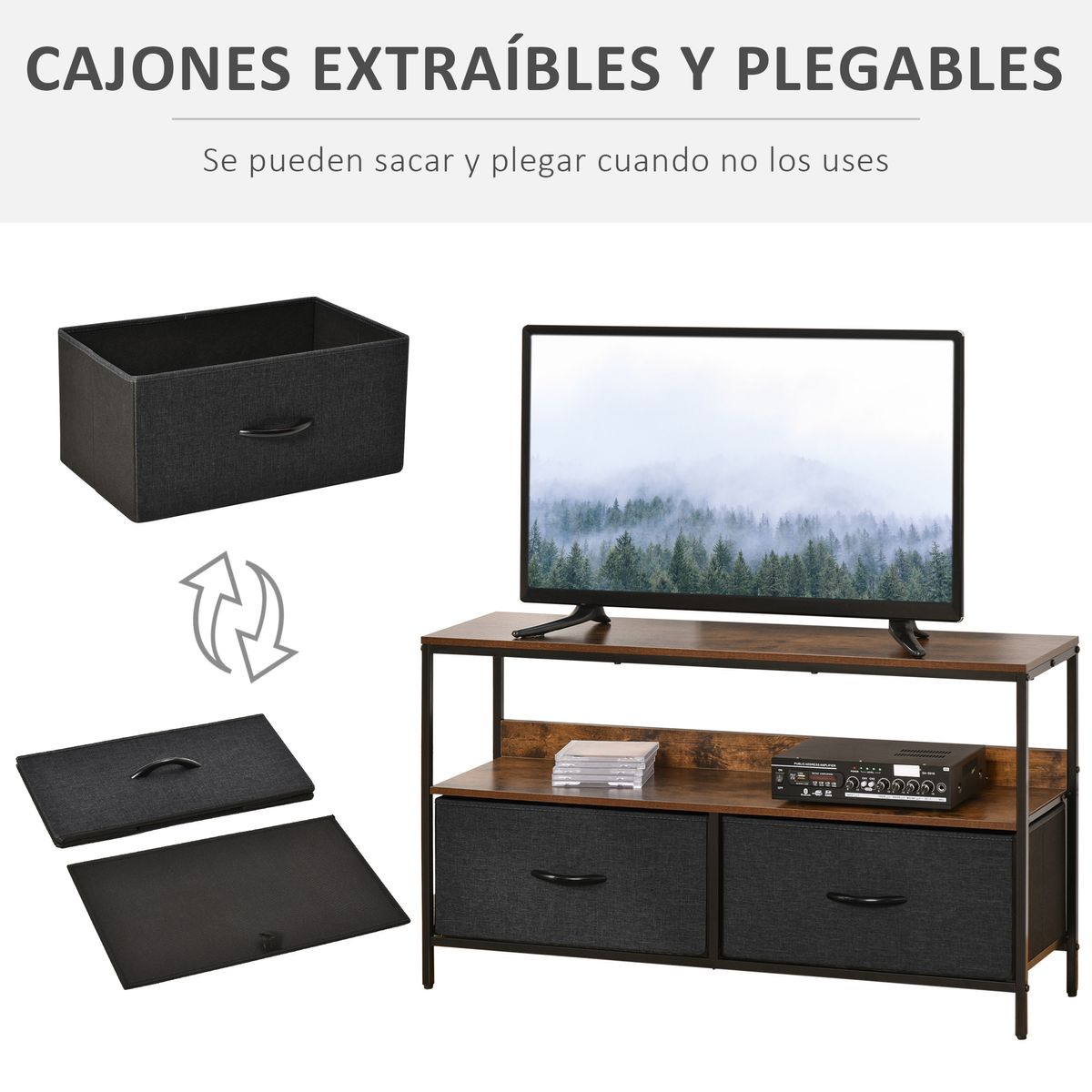 Mueble bajo de TV Kaoba Homcom 2 cajones + estante roble/negro 56x98x29 cm