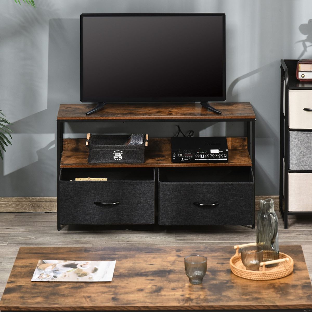 Mueble bajo de TV Kaoba Homcom 2 cajones + estante roble/negro 56x98x29 cm