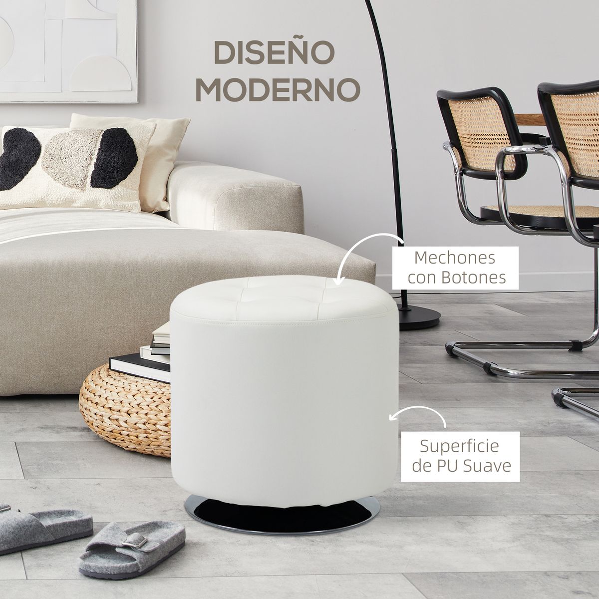 Taburete Otomano Homcom giratorio blanco Ø45,5x44,5 cm