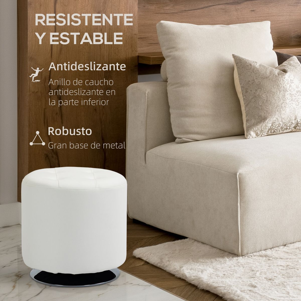 Taburete Otomano Homcom giratorio blanco Ø45,5x44,5 cm detalles