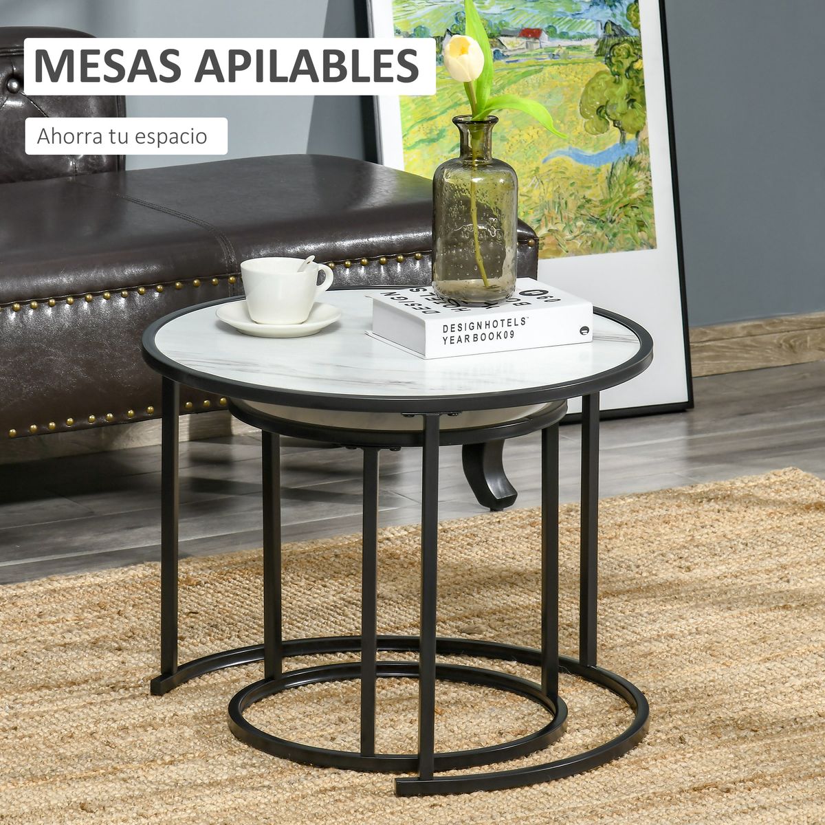 Set de 2 mesas nido Mahaena Homcom tapa efecto mármol blanco