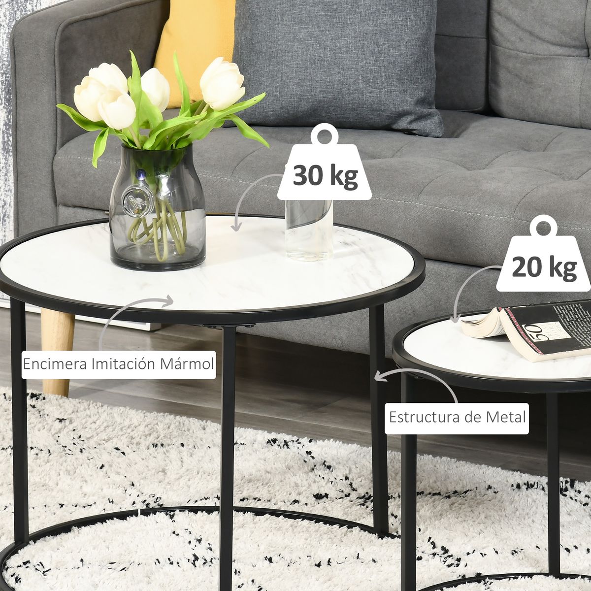 Set de 2 mesas nido Mahaena Homcom tapa efecto mármol blanco