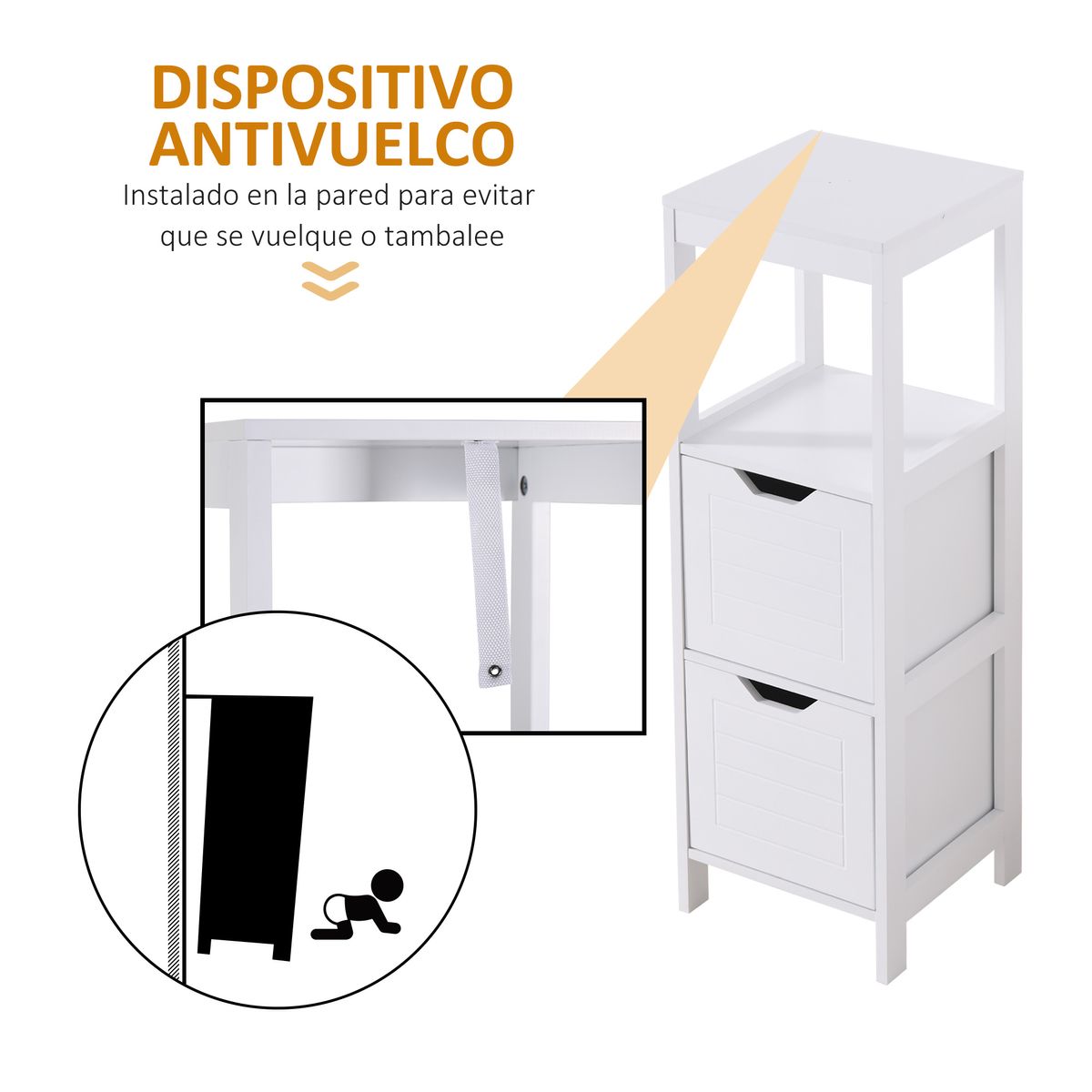 Armario auxiliar Folk Kleankin 2 cajones + estante blanco 89x30 cm