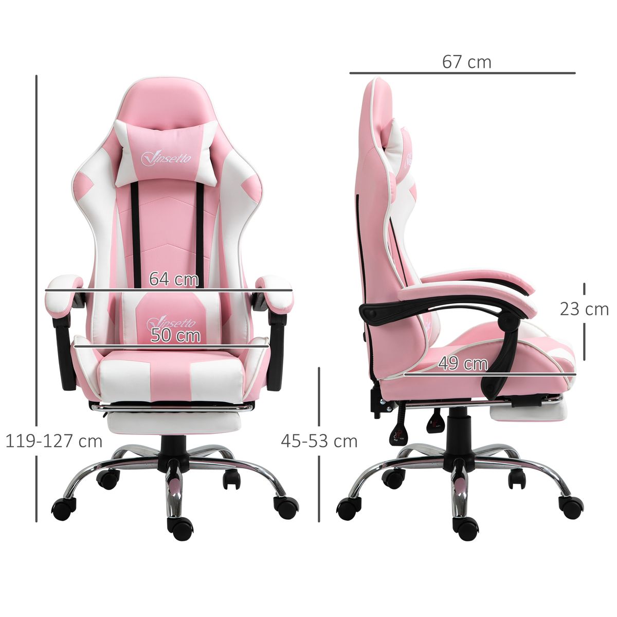 Silla gaming Candy Vinsetto cojín lumbar rosa 119-127x64x67 cm