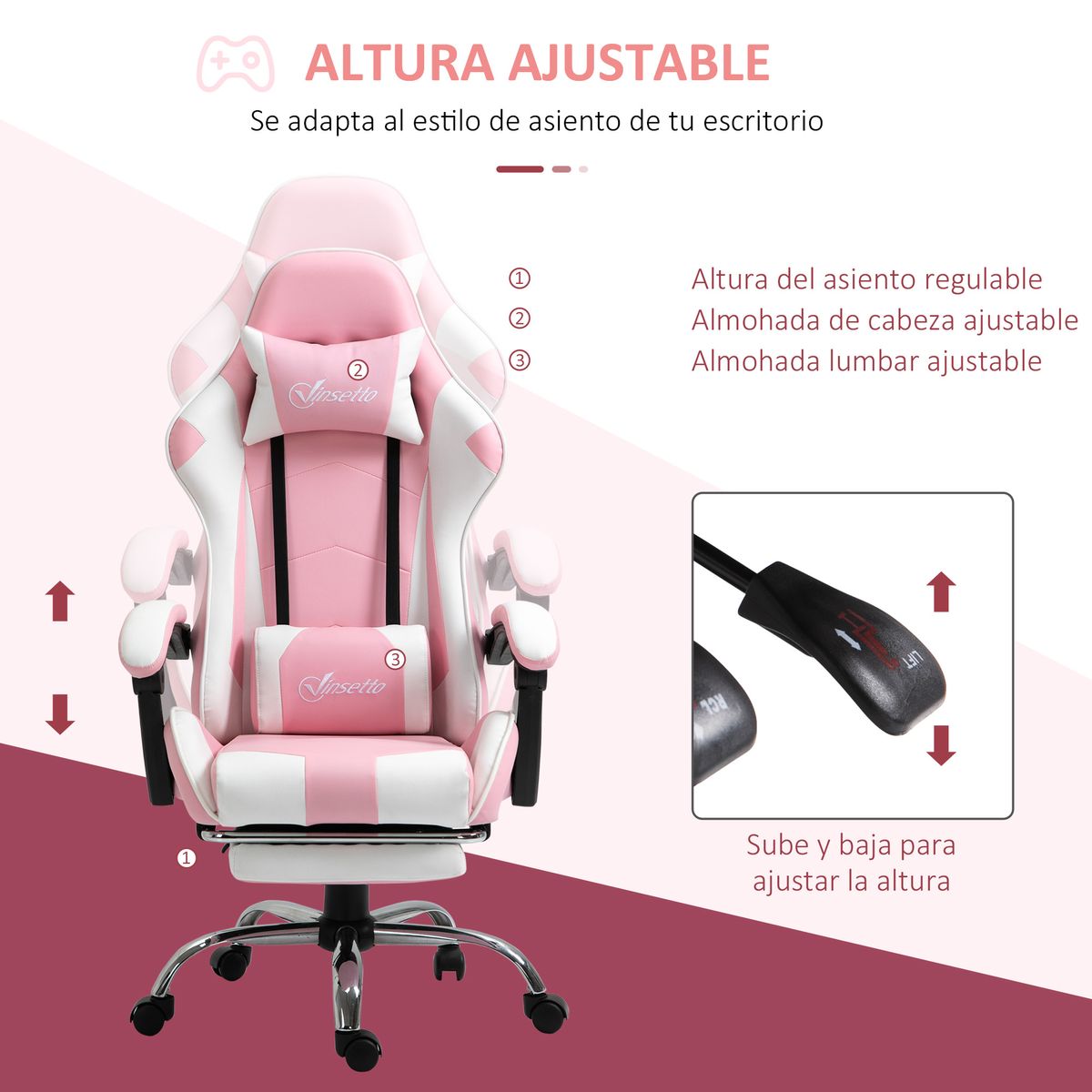 Silla gaming Candy Vinsetto cojín lumbar rosa 119-127x64x67 cm