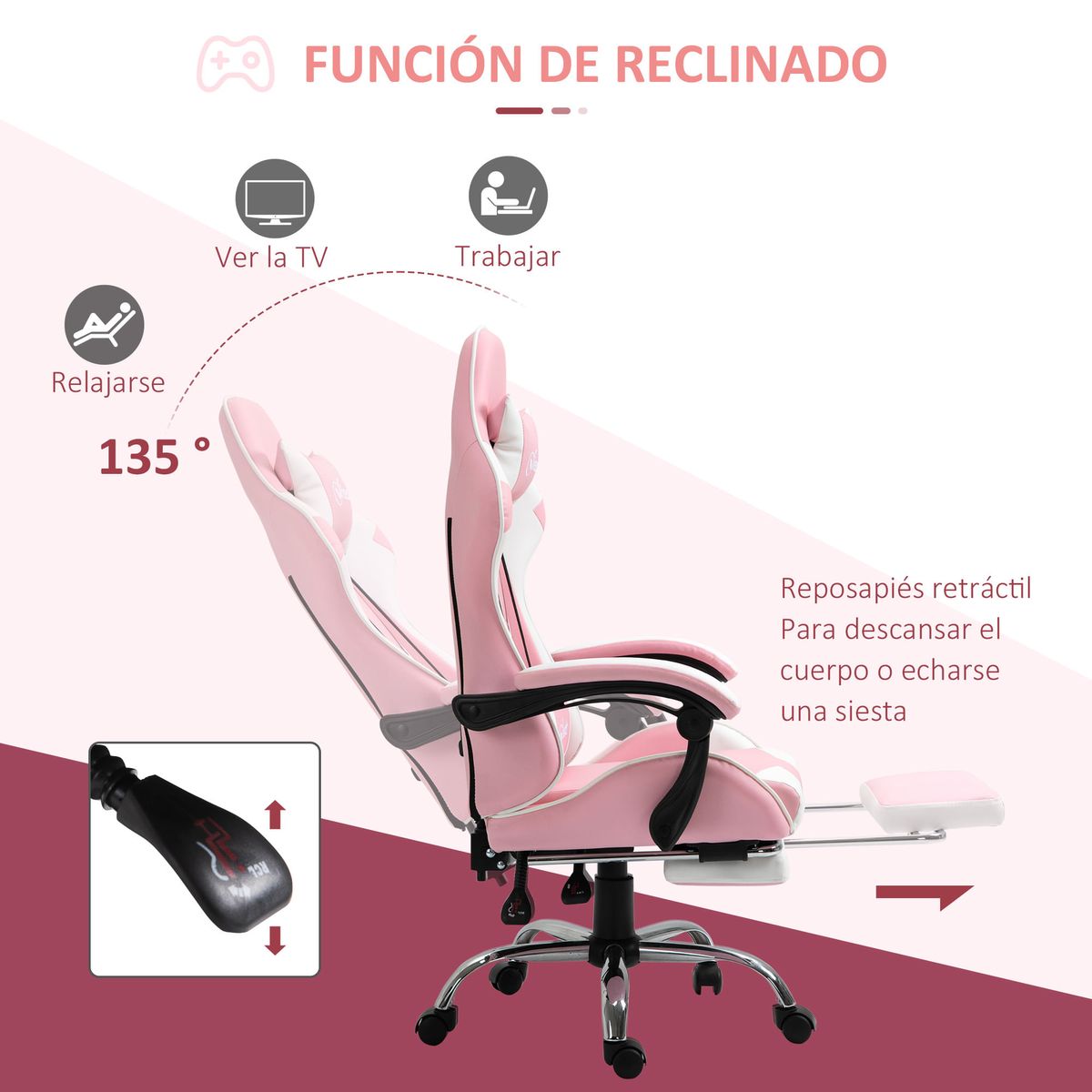 Silla gaming Candy Vinsetto cojín lumbar rosa 119-127x64x67 cm