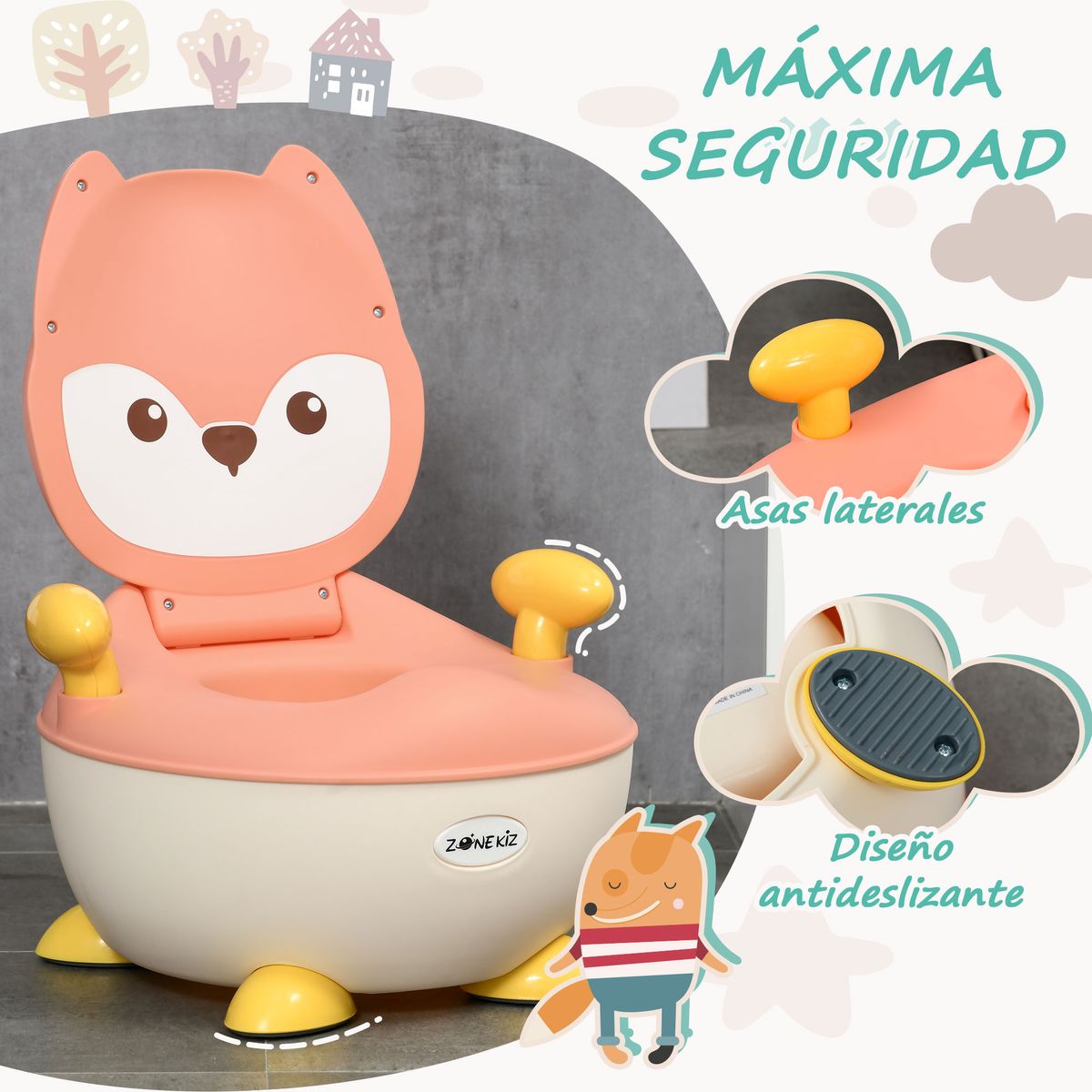 Orinal infantil Zonekiz con tapa antideslizante diseño Zorro salmón 23x34,5x35 cm