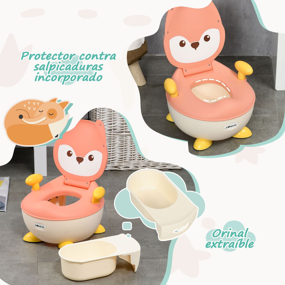 Orinal infantil Zonekiz con tapa antideslizante diseño Zorro salmón 23x34,5x35 cm