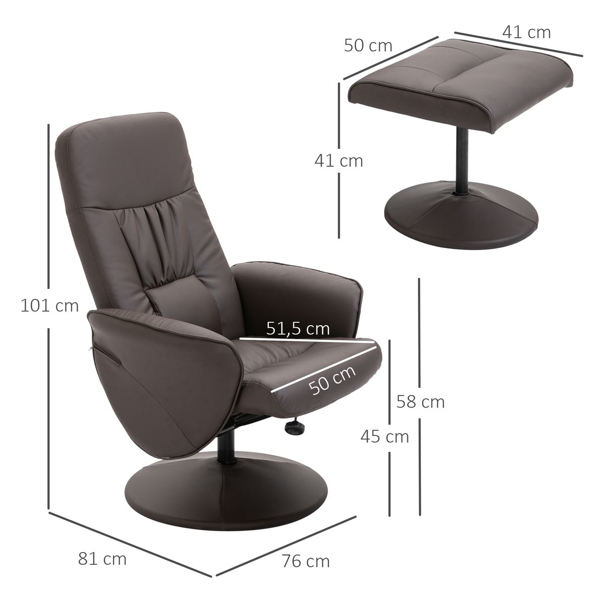 Sillón relax Vole Homcom con taburete respaldo reclinable marrón 101x76x81 cm medidas