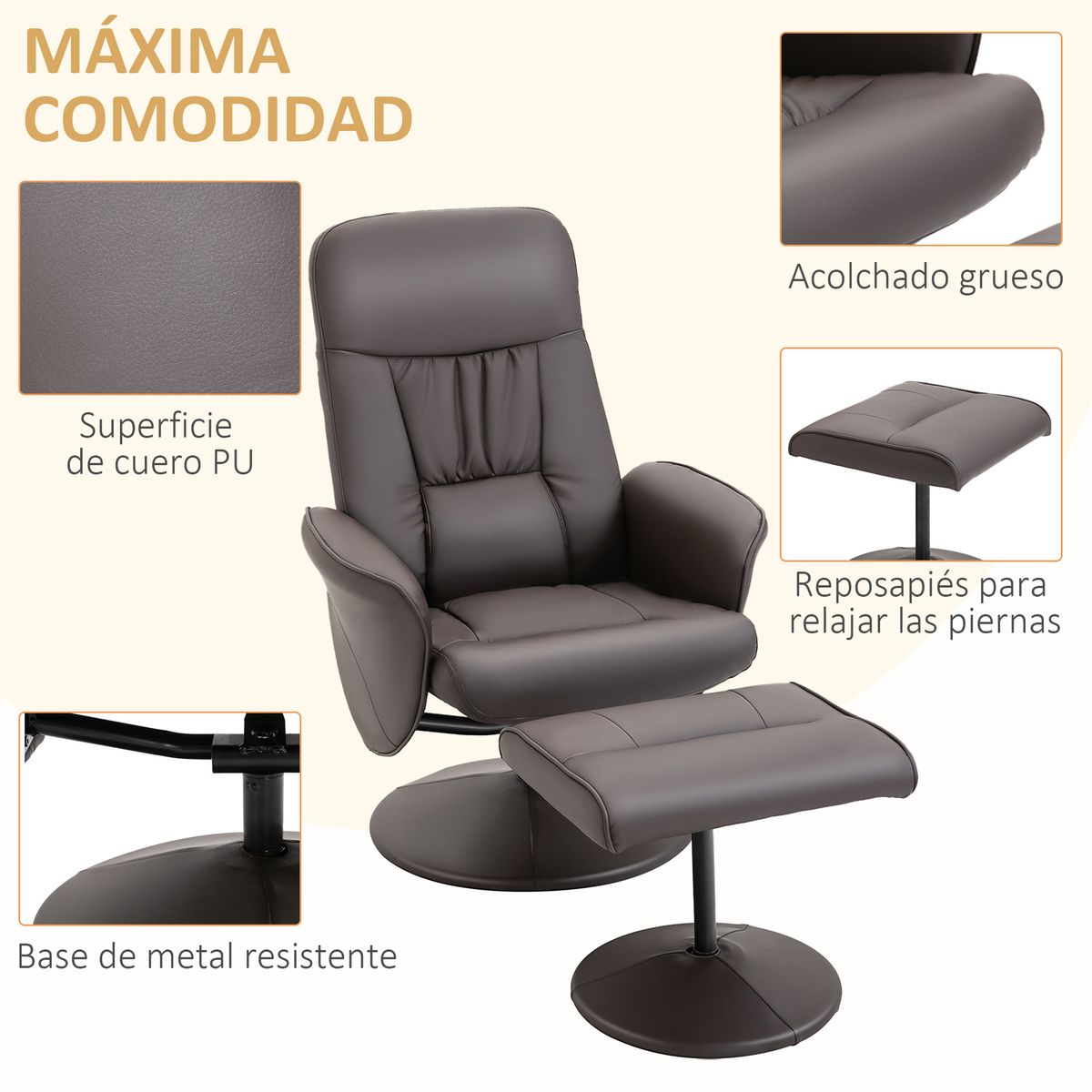 Sillón relax Vole Homcom con taburete respaldo reclinable marrón 101x76x81 cm