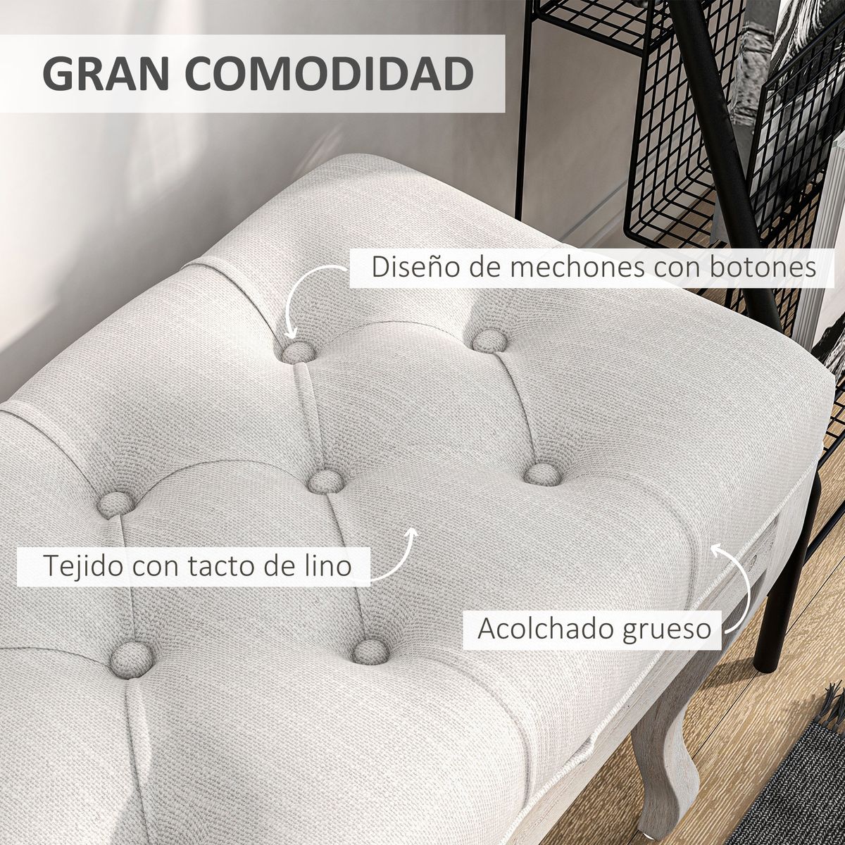 Banco acolchado Trento Homcom 120kg crema 49x110x37 cm detalles