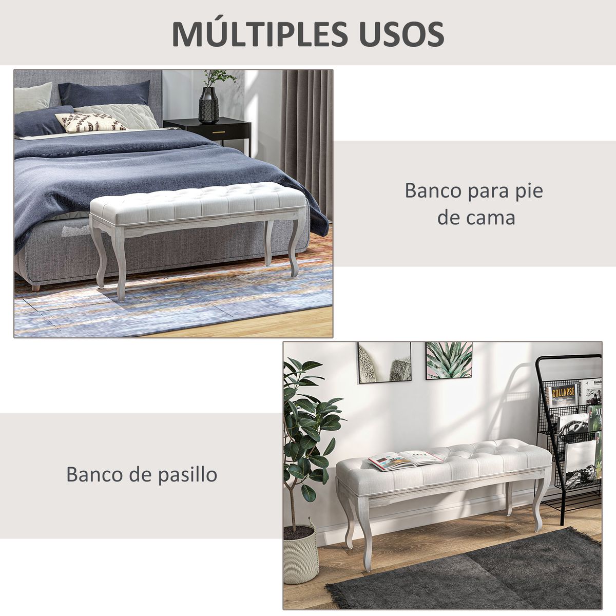 Banco acolchado Trento Homcom 120kg crema 49x110x37 cm