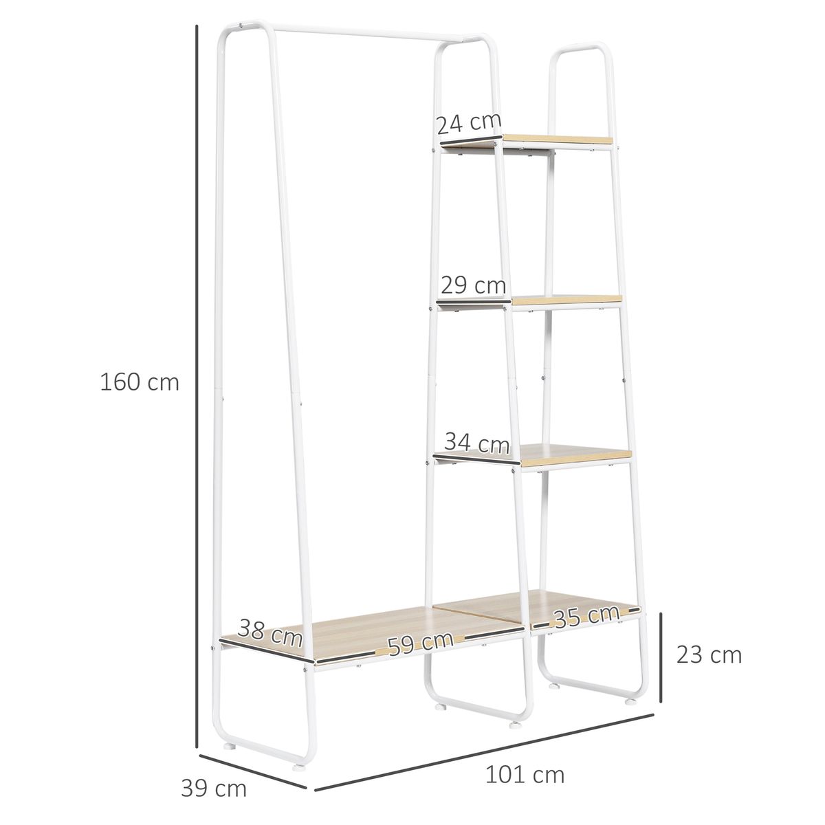 Perchero Toliara Homcom 5 estantes + barra blanco/natural 160x102x39 cm